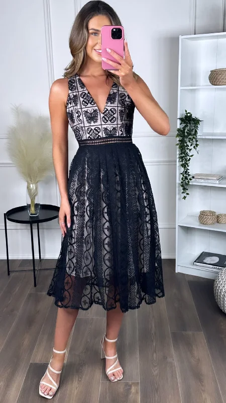 Tamera Black Crochet Detailing Midi Dress